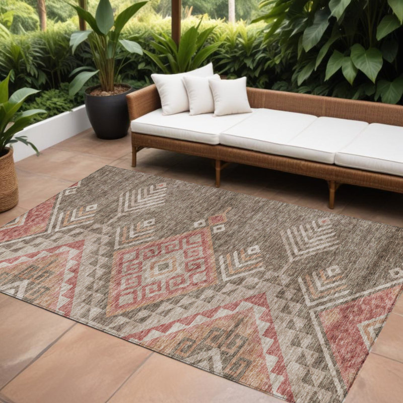 Tapis intérieur / extérieur 10 pi x 14 pi brun et terre cuite lavable Southwestern