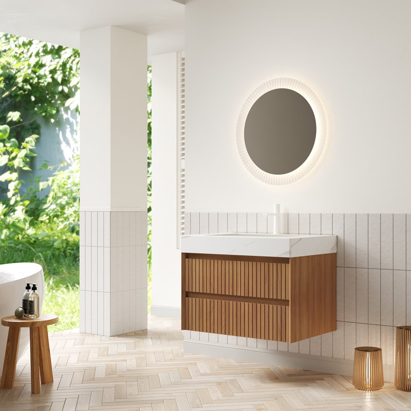 Tilley 30" Bathroom Vanity&sink, Wall-mounted Stripe Plywood Storage Cabinet With 2 Drawers, Calacatta Gold Sintered Stone Top With Ceramic Undermount Basin, Pre-assembled, Espresso Woodgrain Color