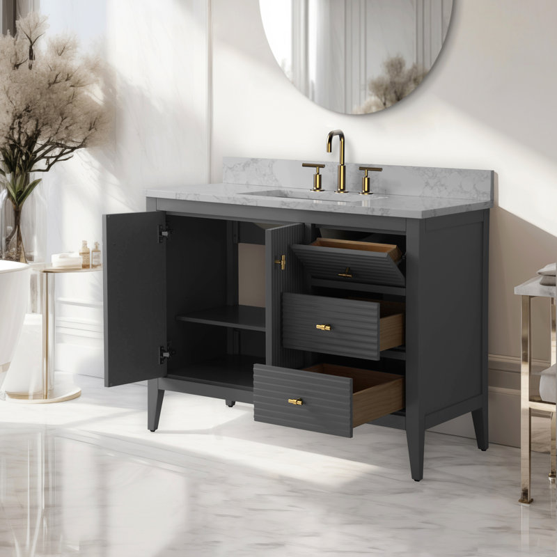 Laval 42" Single Sink Freestanding Bathroom Vanity with Engineered Marble Top, Golden Brushed, Linear Cashmere Gray