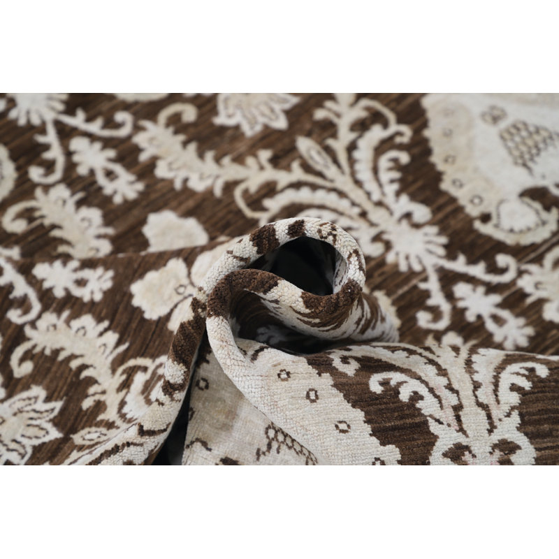 Tapis décoratif brun et ivoire en laine noué à la main 9 pi x 11,7 pi