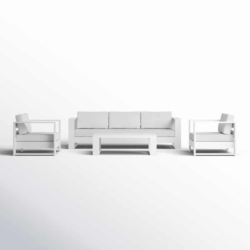 Hoyt Outdoor Aluminum Conversation Set with Coffee Table, Light Gray, White, 4 Pcs: Coffee Table, 1 Sofa, 2 Chairs