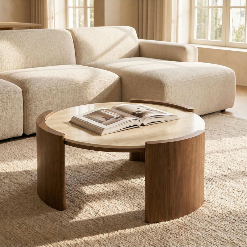 Table basse Modern Modern, Plateau jaune / base noyer