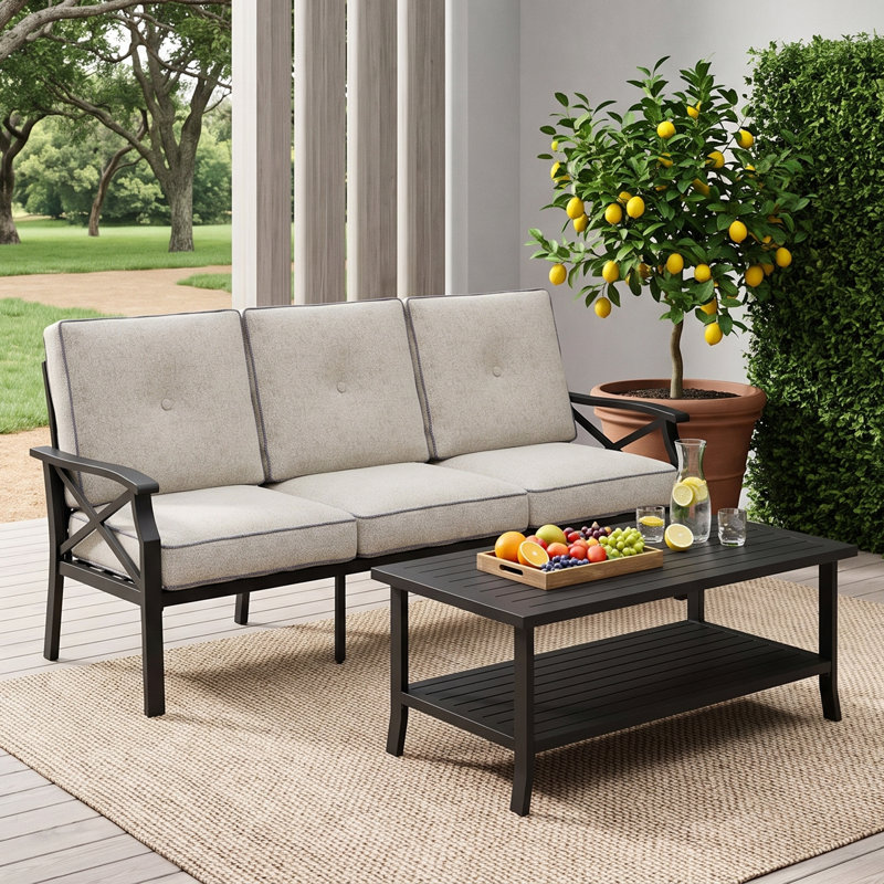 177.8cm Wide Straight Metal Sofa with Cushions, Khaki Cushion/Black Frame