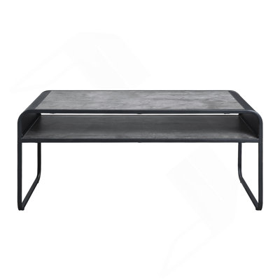 Modern Sleek Design Black Finish Coffee Table With Shelf, Durable Metal Frame And Faux Concrete Gray Top For Luxury Living Rooms