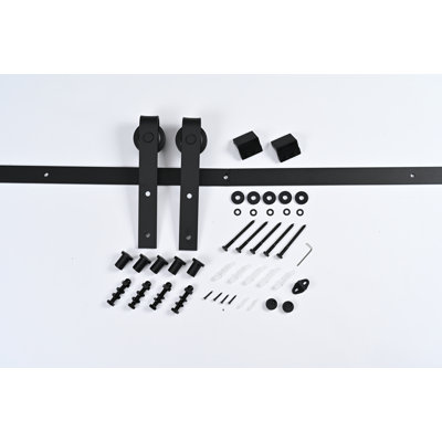 12FT Wood Double Sliding Barn Door Hardware Basic Black Big Spoke Wheel Roller Kit, 5-18FT For Choose