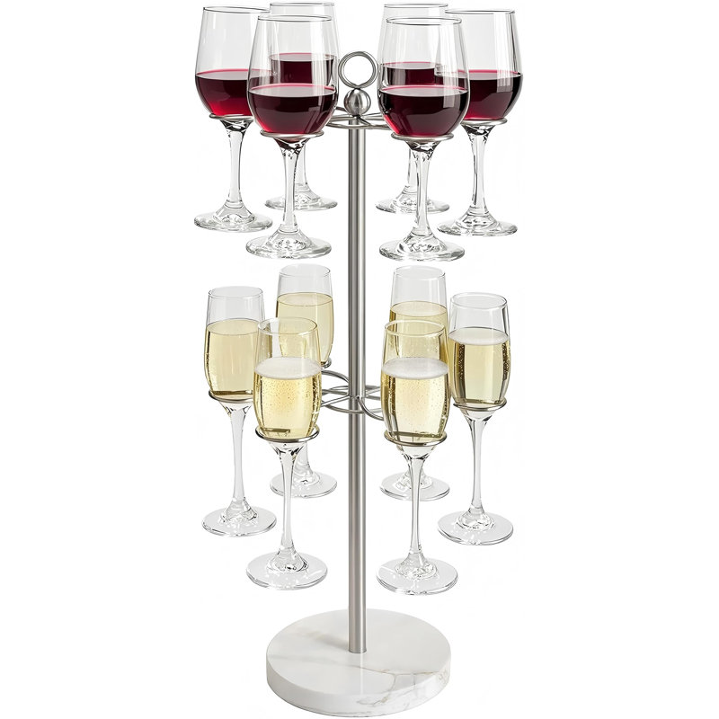 Présentoir à verres à vin de comptoir, tour à champagne pour réceptions, support robuste pour cocktails, base en marbre, présentoir à verres à pied à 2 niveaux avec 12 supports