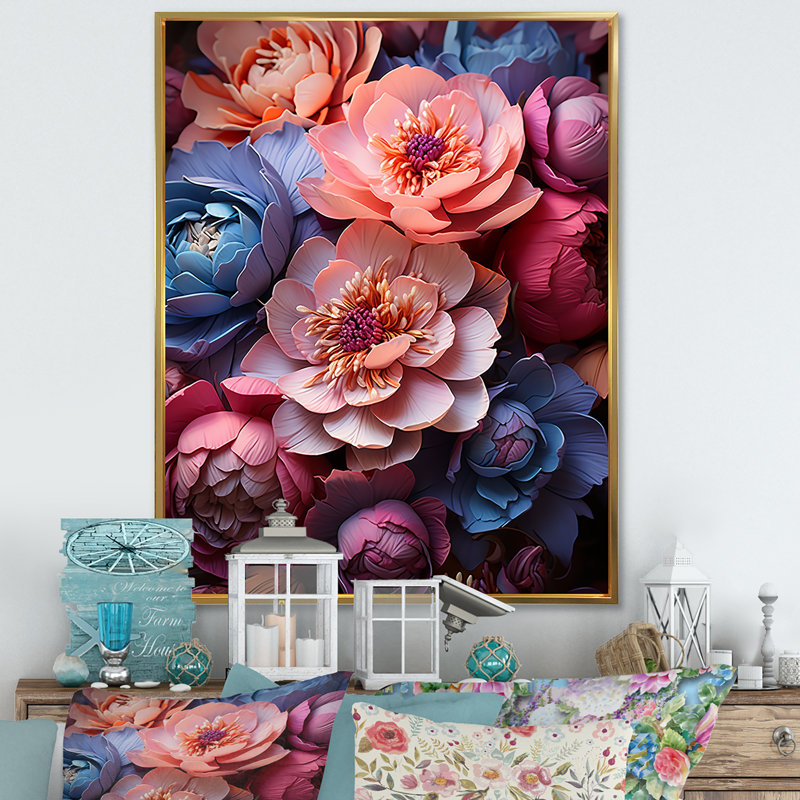 Pivoines brillantes rayonnantes sur toile, Cadre flottant doré, H 20 po x l 12 po x P 1 po