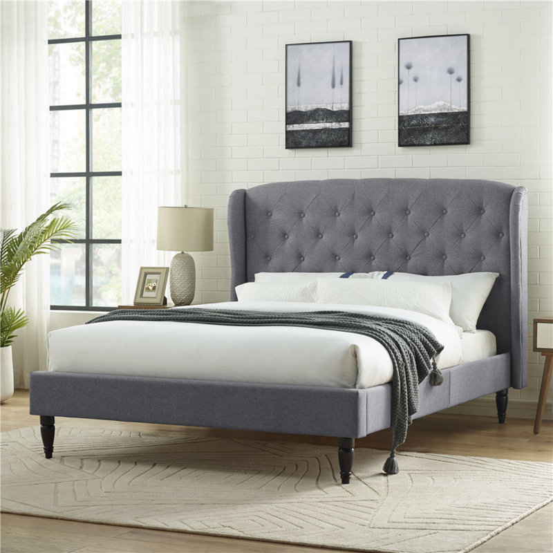 Coyte Upholstered Metal Wingback Bed, Full, Light Gray