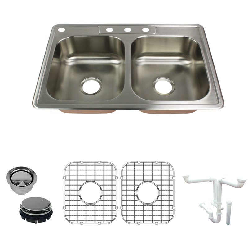 Classic 33'' L Double Bowl Stainless Steel Kitchen Sink, 4 Hole
