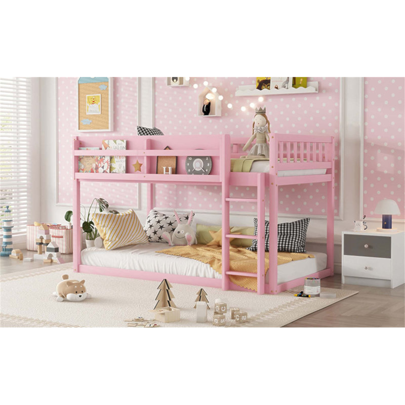 Lit superposé bas simple au-dessus d'un lit simple, lit superposé au sol avec échelle, fabrication en bois massif pour enfants et adolescents, conception compacte et peu encombrante (sans matelas)