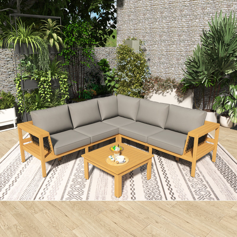Ensemble de conversation de patio en bois 4 pièces avec coussin gris
