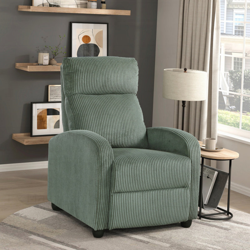 Fauteuil inclinable moderne avec dossier en velours côtelé et structure en bois massif pour un salon confortable, Vert