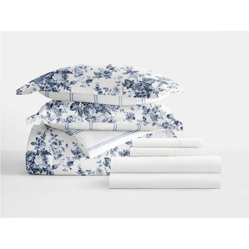 California King White and Blue Floral Microfiber Bedding Set