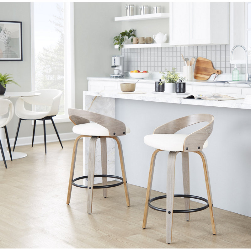 Tabouret de comptoir à hauteur fixe avec pivot en bois gris clair et similicuir blanc avec repose-pieds rond en métal noir - ensemble de 2