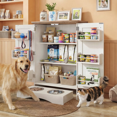 Dog Feeding Station, Pet Food Storage Cabinet With Hidden Dog Bowls, Adjustable Shelf, Hooks, Pet Storage Cabinet For Cats And Dogs