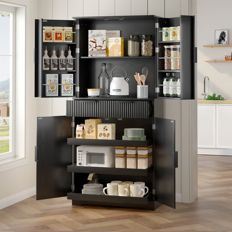 72" Fluted Kitchen Pantry Cabinet With 3 Keyboard Drawers & 6 Door Shelves Adjustable, Black