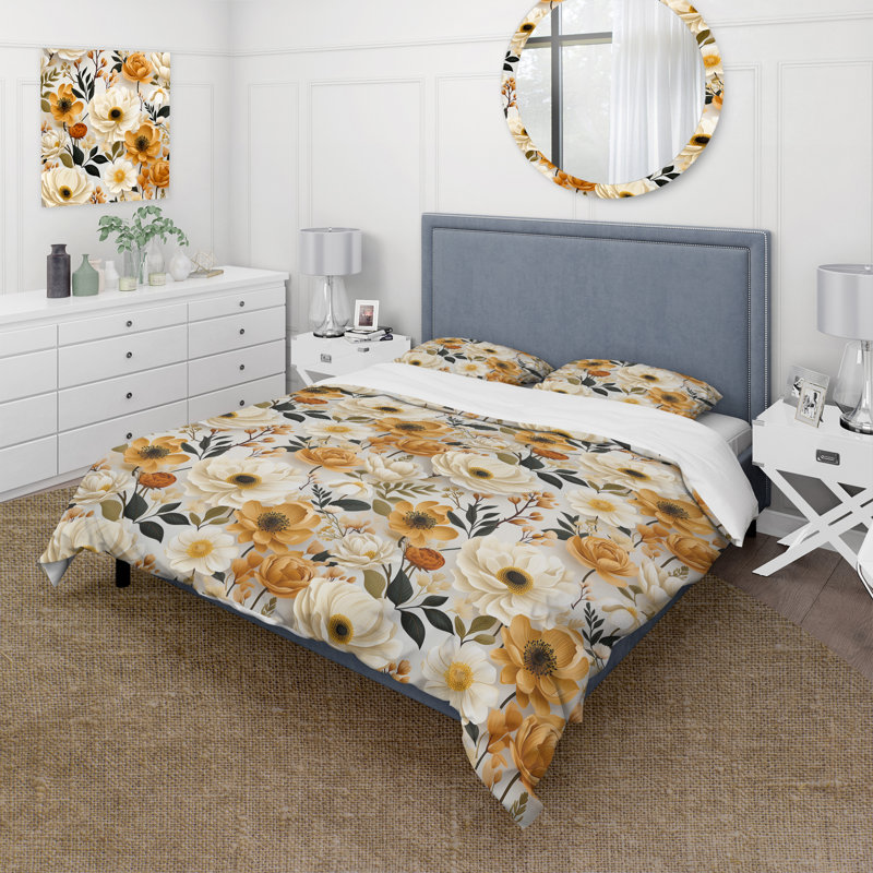 White And Yellow Floral Farmhouse Bliss - Ensemble de housse de couette rétro
