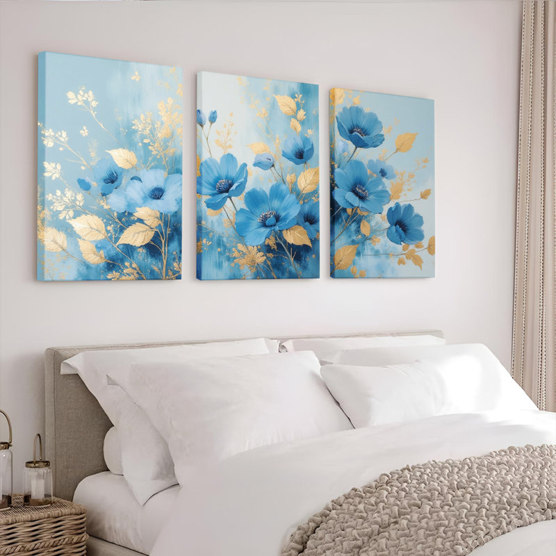 Tableau sur toile tendue à motif floral bleu et feuilles dorées (paquet de 3), H 24 po x l 48 po