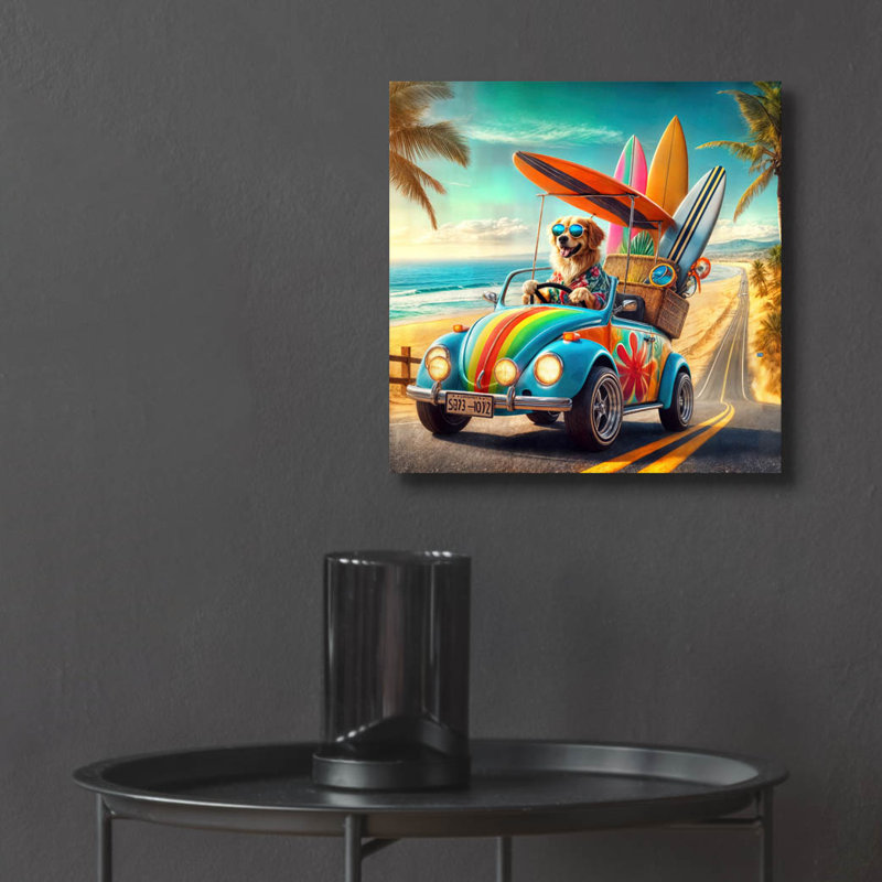  «Beach Dog Surf» par Rey Klimt, art mural en verre acrylique, 12 po x 12 po