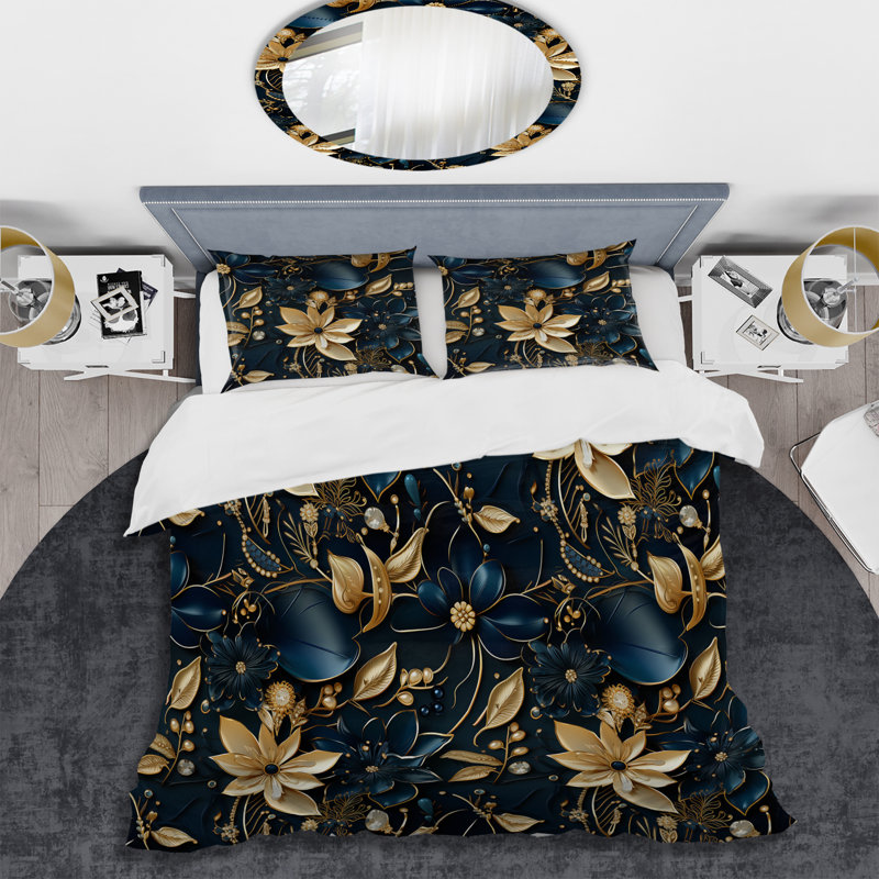 Ensemble de housse de couette glamour doré et saphir élégant, Housse de couette simple + 1 taie décorative stan