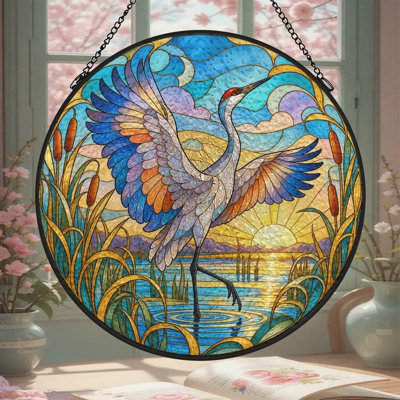 Grue en vitrail planant au-dessus d'un lac au coucher du soleil - Panneaux de vitraux attrape-soleil pour la décoration de fenêtre