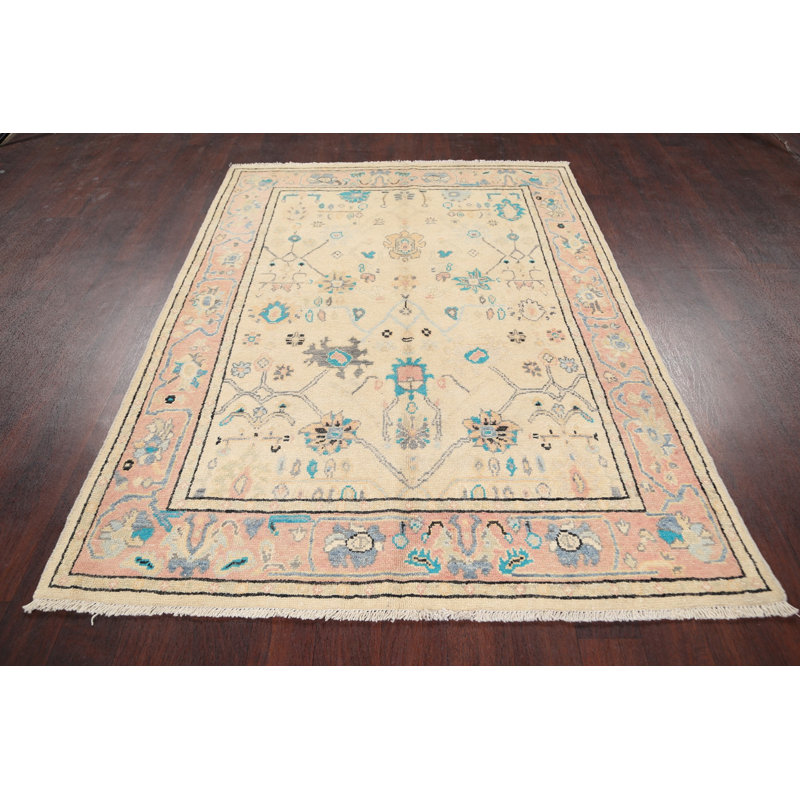 Tapis décoratif en laine beige noué à la main New Age Oushak 4 pi 8 po x 6 pi 6 po