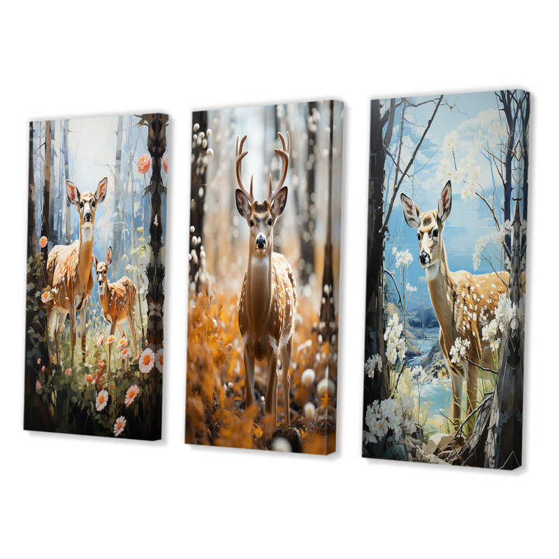 «Deer Graceful Fawn Pastoral», 3 pièces, Toile tendue, H 32 po x l 48 po