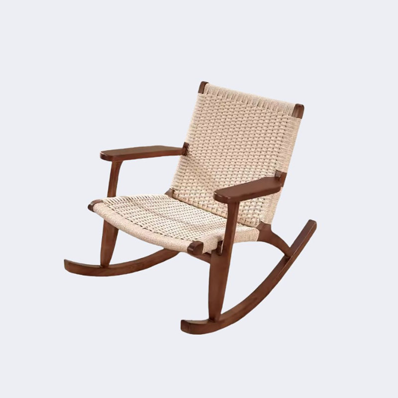 Chaise berçante en bois massif simple décontracté, Blanc cassé / brun foncé