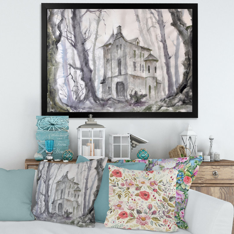 Château hanté dans les bois - Peinture sur toile, H 30 po x l 40 po x 1,5 po, Toile avec cadre noir