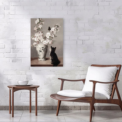 Curious Kitten And Blossoms Peaceful Contemporary Butterfly Cat Cherry Flower Spring Wall Art Print by Mathieu - Wrapped Canvas Print