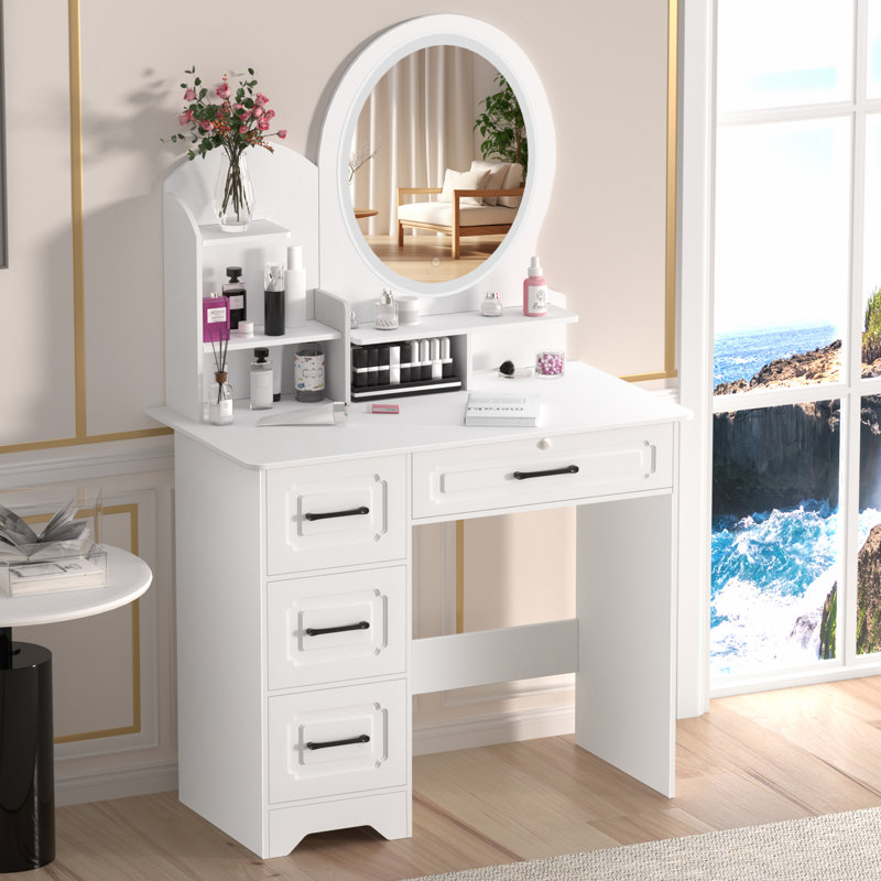 Bureau de maquillage avec miroir, grand bureau de coiffeuse avec tablettes de rangement, 4 tiroirs, coiffeuse de maquillage avec lumière, coiffeuse de chambre à coucher 