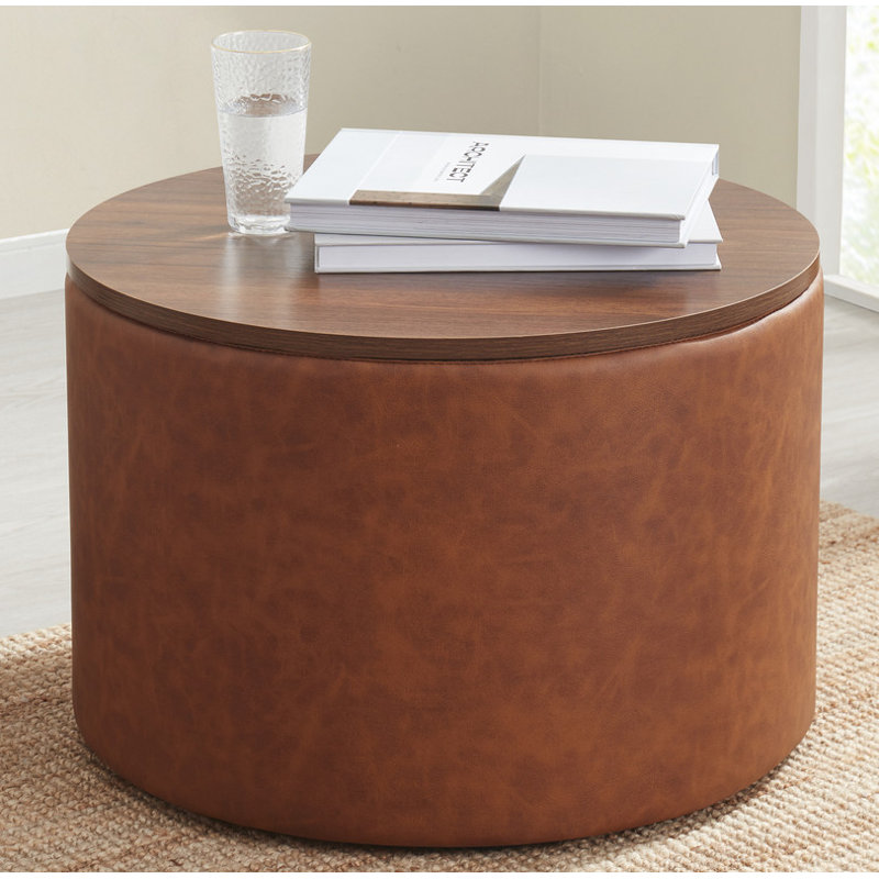 Large Round Storage Ottoman Coffee Table Ottoman With Lift Off Lid, Cognac