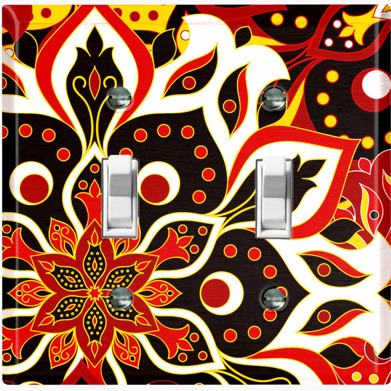 Metal Light Switch Plate Outlet Cover (Orange Yellow Mandala Flowers Tile   - Double Toggle)