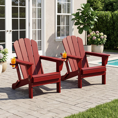Outdoor Weather-Resistant High Density Polyethylene Foldable Adirondack Chairs with Cup Holder Set of 2