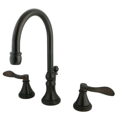 Kingston Brass NuFrench Two-Handle 3-Hole Deck Mount Widespread Bathroom Faucet with Brass Pop-Up Drain