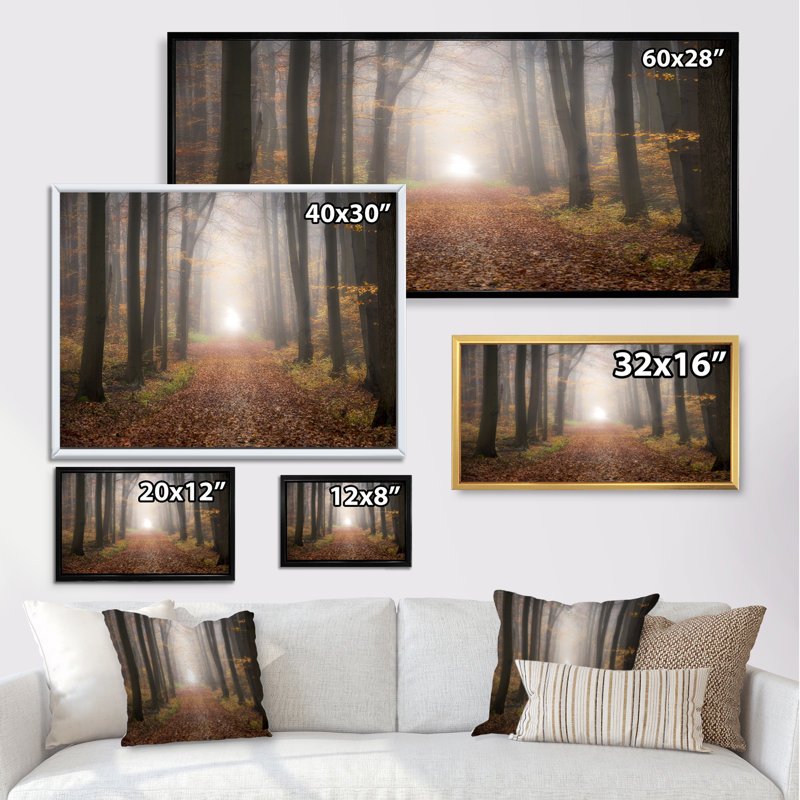 " Forest Road Autumn Trees Foggy ", Black Framed, 12" H x 20" W x 1" D
