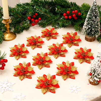 10 pièces de poinsettias artificiels avec pinces, décorations de Noël avec tiges, décorations de Noël à motif de poinsettia scintillant, décorations de Noël pour couronne de Noël