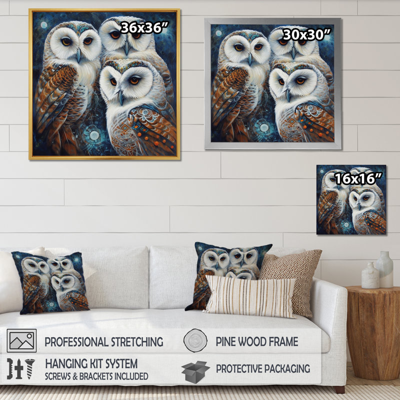 White Owl Gathering - impression, Cadre photo blanc, H 24 po x l 24 po x P 1 po