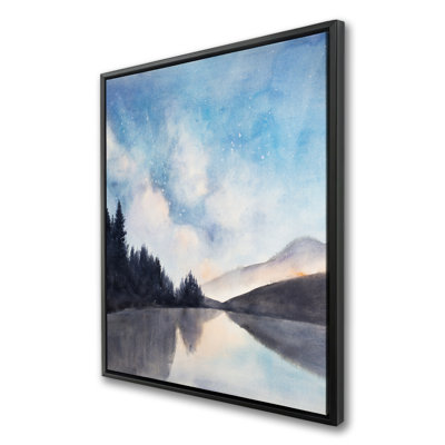 Lakeview by Night - Trees Blue Framed Canvas for Home Decor