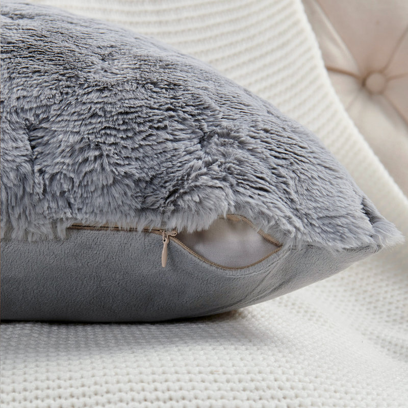 Jacquard Rabbit Faux Fur Pillow Cover, Silver Gray, 26'' x 26''