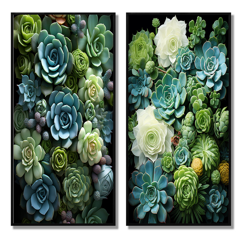 «Green Succulents Serenity Garden», 2 pièces, H 40 po x l 40 po, Cadre noir