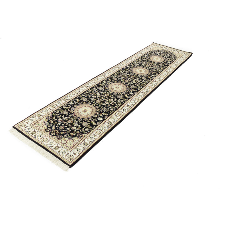 Tapis oriental floral en laine fait à la main Indo-Nain, Tapis de couloir 2 pi 9 po x 10 pi 3 po