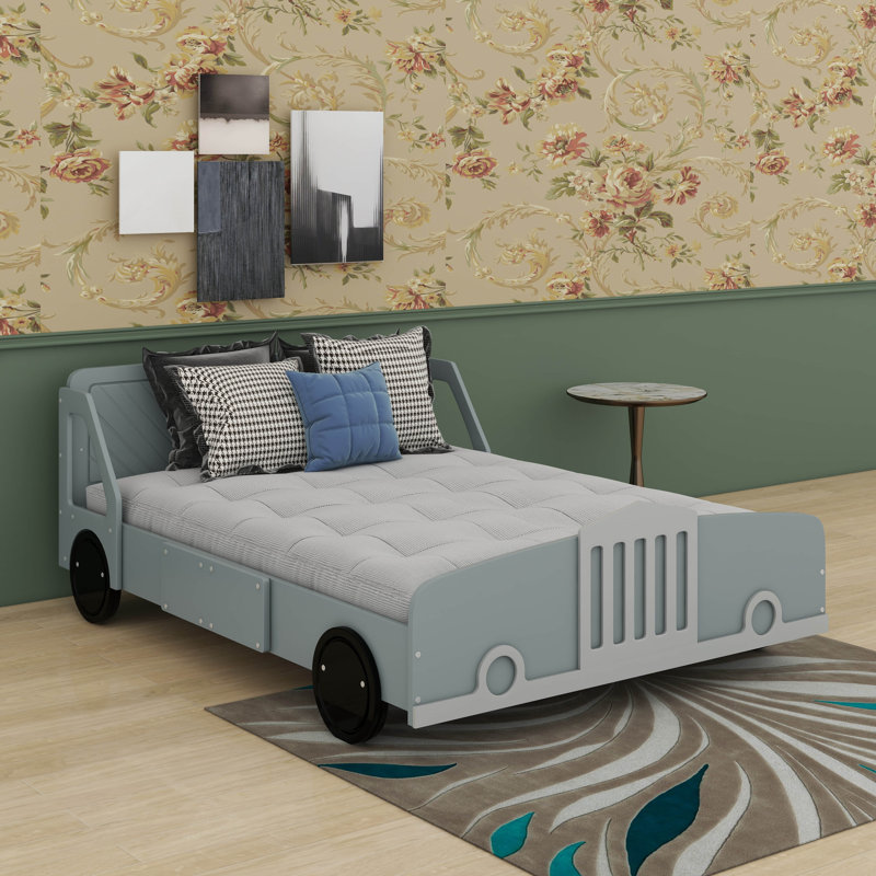 Lit plateforme en forme de voiture avec roulettes, Gris, Lit double