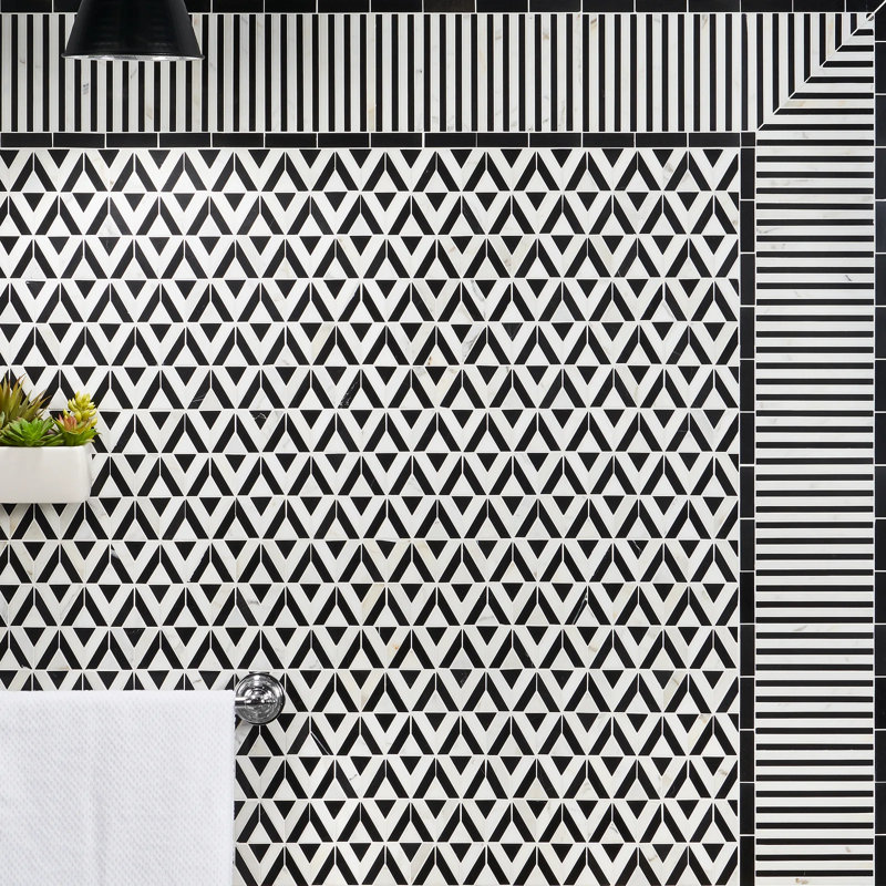 Monroe 8x8 Geometric Border Polished Marble Mosaic Tile, Black Jade