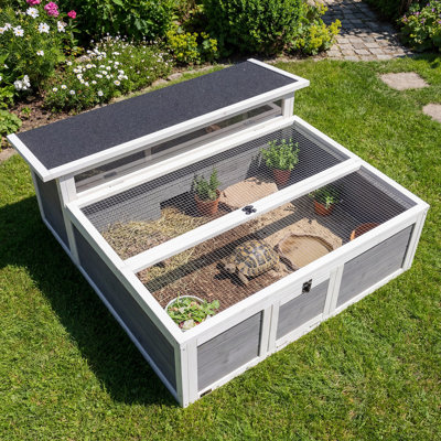 Tortue Habitat extérieur avec couloir, enceinte en bois de tortue avec fenêtre transparente, toit ouvrable et portes multiples, huche de lapin pour la cour arrière, gris foncé
