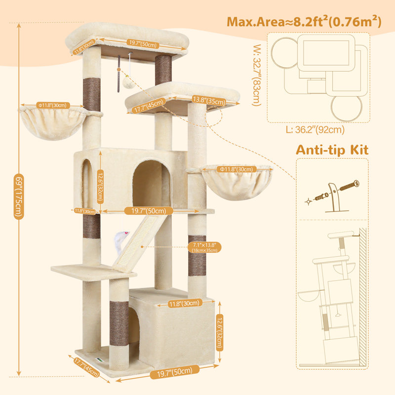 Arbre à chat de 69 pouces, pouvant accueillir 4 chats de taille moyenne ou plus, tour de chat intérieure avec 2 condos et 2 paniers, équipé de poteaux à griffer en sisal, tissu moelleux doux pour grimper et se reposer, facile à assembler.