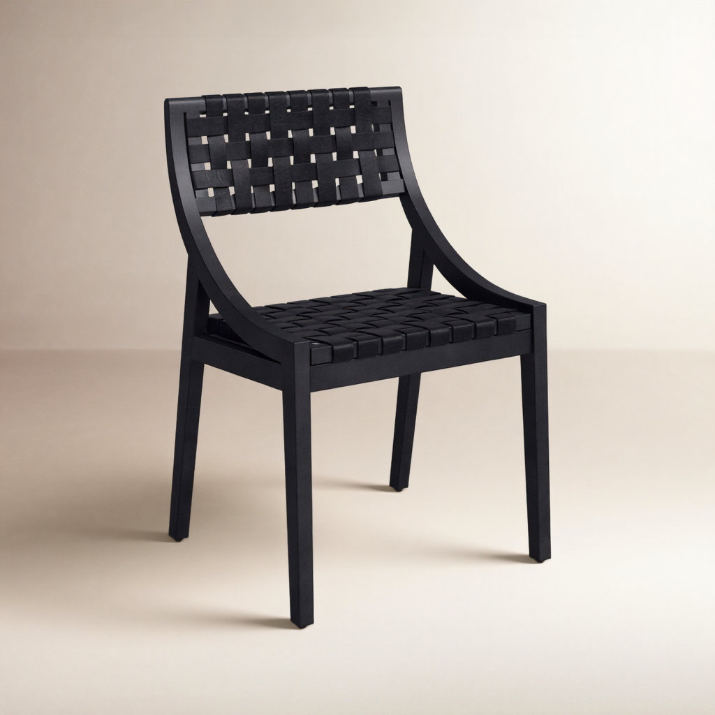 Bergholt Genuine Leather Teak Dining Chair, Black, Black
