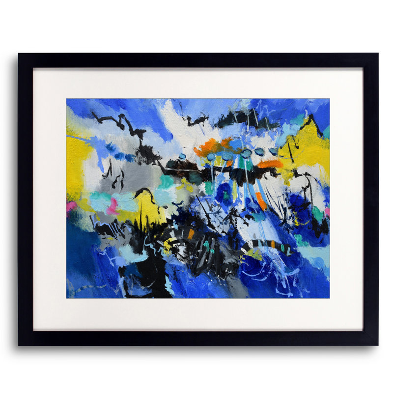 «Blue Way» par Pol Ledent - Peinture, H 25,25 po x l 31,25 po, Papier avec cadre noir