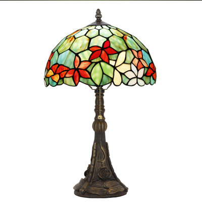 Tiffany Stained Glass Table Lamp 12X12X19 Inch Green Red Flowers Style Desk Bedroom Living Room Reading Light