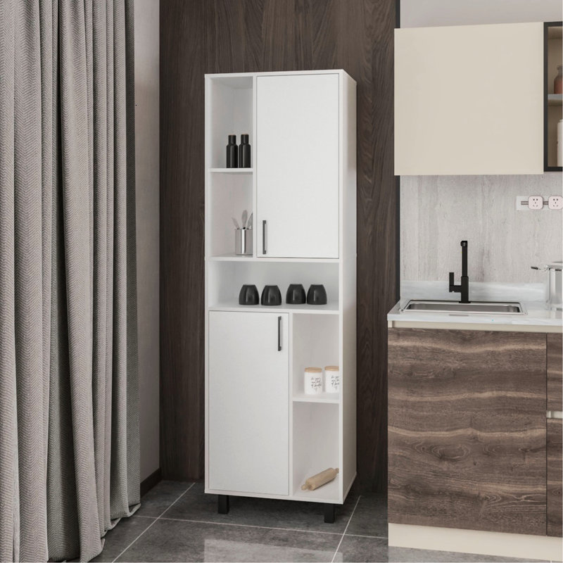 White Kitchen Pantry Cabinet with 2 Doors & Open Storage, Modern Freestanding Pantry Organizer with Adjustable Shelves, Tall Food Storage Cabinet for Kitchen Dining Room